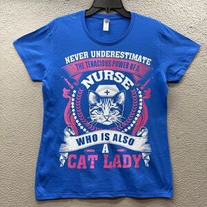Anvil Women's L Never Underestimate A Nurse Who Is Cat Lady Humor Funny T-Shirt